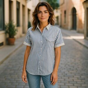Vintage Pykettes Blue/White Striped Short Sleeve Polka Dot Button down Shirt